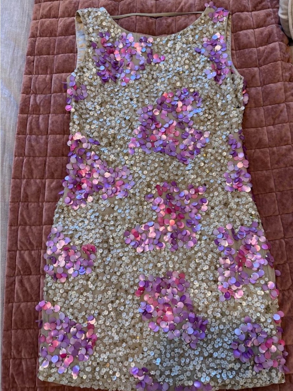 ABS by Allen Schwartz Sequin Floral Party Dress in Pink/Purple and Beige